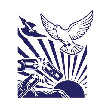 Dove flying over broken chains with sun rays shining in the background symbolizing freedom and peace