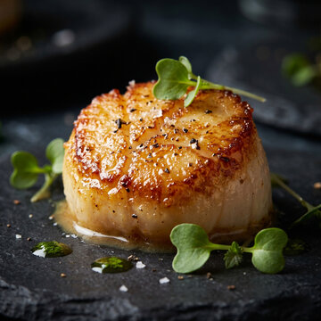 Seared Scallop Caramelization Close-Up. The Golden Crust  Scallop's Perfect Sear