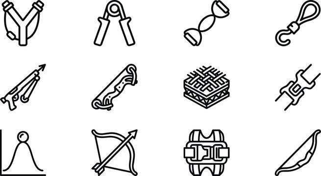 Set of 12 Various Tools and Instruments Including Slingshots, Compasses, Bows, and Other Symbols for Technical and Design Illustrations