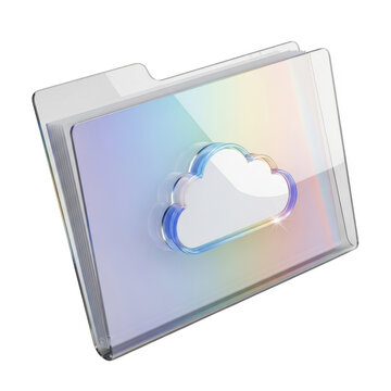 Transparent glass folder icon featuring a glossy iridescent cloud symbol for digital data storage isolated on transparent background