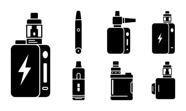 Modern Vape Mod Icons, Electronic Cigarette Vector Set, Vaping Device Collection, Black and White Graphics for Lifestyle and Technology
