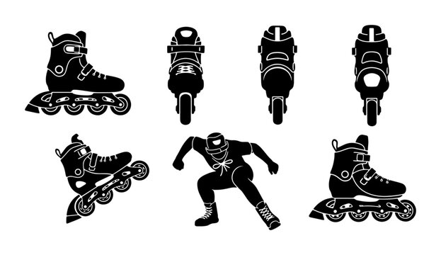 Inline Skates Vector Icons Set, Rollerblade Sports Equipment, Action Poses, Black and White Silhouettes for Extreme Sports and Fitness Graphics