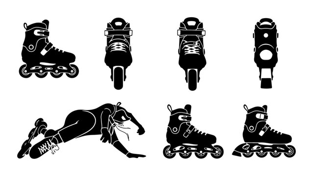 Inline Skates Vector Icons, Rollerblades Set, Action Poses, Sport Equipment Graphics, Urban Lifestyle Elements, Black and White Silhouettes