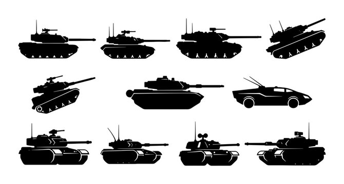 Military Tank Silhouettes Collection, Armored Vehicle Icons, Combat Machine Vector Set, War Equipment Graphics
