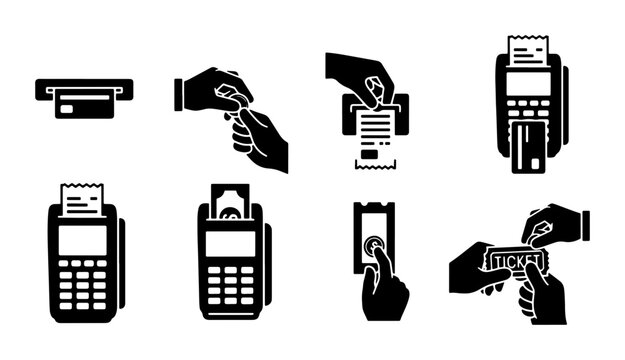 Payment Terminal Icons, Credit Card Transaction Symbols, POS Machine Graphics, Financial Service Vector Set