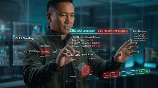 Senior asian cybersecurity expert analyzing zero-day exploit chain and memory corruption on a holographic virtual interface in a SOC