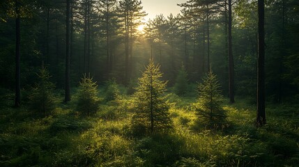 Fototapeta premium Forest sunlight sunrise nature scene