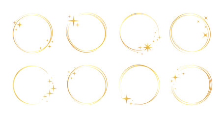 Obraz premium Gold frame star line set. Gold ring glitter border with celestial magic light sparkle glow. Modern jewelry ornament fantasy christmas starburst ray decoration. Vector illustration