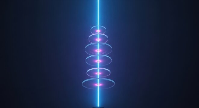 Futuristic blue laser beam passing through glowing glass discs 3d