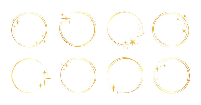 Gold frame star line set. Gold ring glitter border with celestial magic light sparkle glow. Modern jewelry ornament fantasy christmas starburst ray decoration. Vector illustration