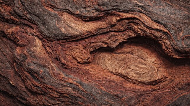 Abstract texture of weathered reddish-brown metamorphic rock with swirling patterns