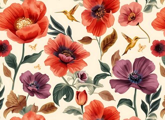 Obraz premium Spring floral seamless botanical pastel background with golden hummingbirds
