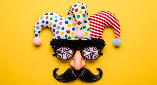 Playful Jester Hat, Whimsical Spiral Glasses, and Comical Fake Mustache Arranged on a Bright Yellow Background, Symbolizing Fun, Celebration, and Lighthearted Humor