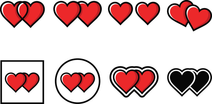 Set of Red Heart Icons in Various Pairings and Shapes, Romantic Symbols with Square and Circular Borders for Digital Media, Social, and Communication Designs