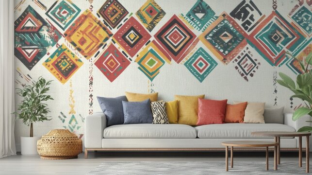 Living room with colorful tribal patterned wall mural and sofa