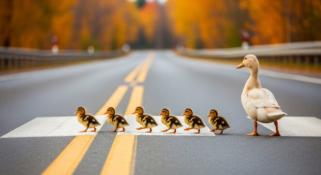 Mother duck and ducklings crossing a road on a crosswalk