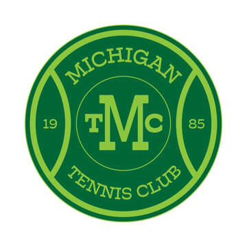 Circular green logo for "Michigan Tennis Club" featuring a stylized tennis ball design with slab serif typography and the established year 1985.