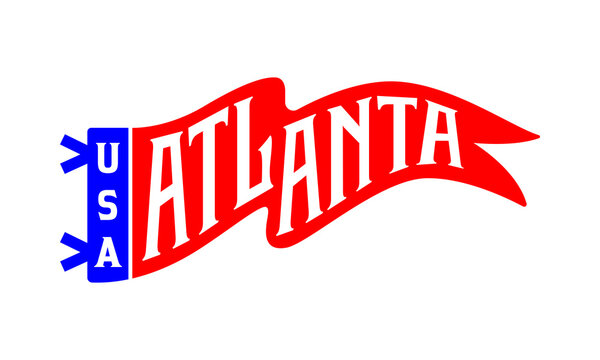 Vintage-style red and blue pennant flag featuring "ATLANTA" in bold white serif typography with "USA" on the blue hoist side.