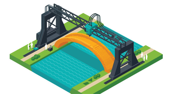 Innovative construction technology is being used to build a bridge using a large robotic arm for 3D printing