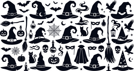 Halloween witch hat and spooky magic collection featuring bats brooms skulls pumpkins potions and gothic elements in silhouette vector style. © Salina