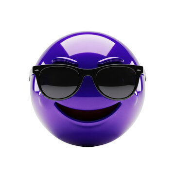 highly polished indigo/purple 3d emoji with a cocky smile and reflective wayfarer sunglasses, macro close-up shot on white studio background. concept of digital confidence and swagger