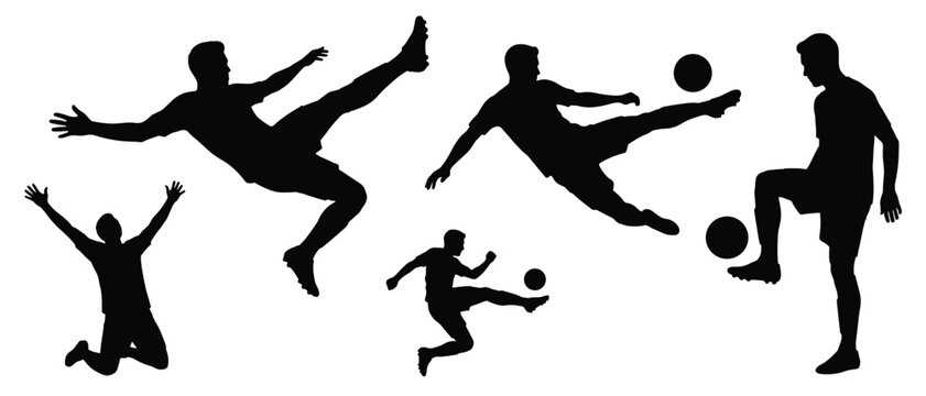 Soccer player action silhouette set vector kicking jumping celebrating pose black white flat sport illustration for graphic and print design
