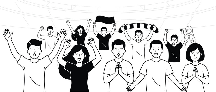 Soccer fans cheering crowd editable vector illustration stadium audience celebrating sport event line art for poster and social media design