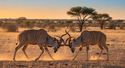 Fototapeta premium Two male greater kudus with large spiraling horns sparring in African savanna at sunset