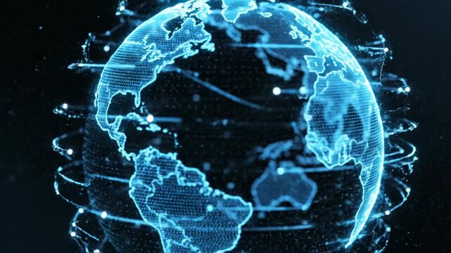 A futuristic, glowing digital globe is displayed against a dark background, symbolizing global connectivity and technological advancement.