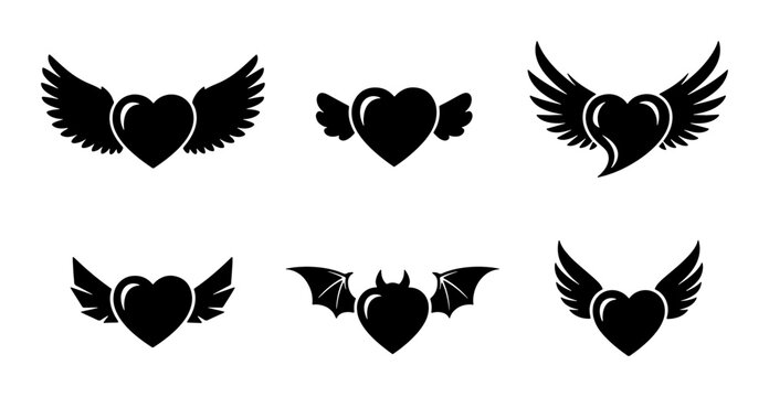 Winged Heart Icons, Devil Heart Symbol, Love Emblems, Romantic Vector Graphics, Black and White Valentine Elements
