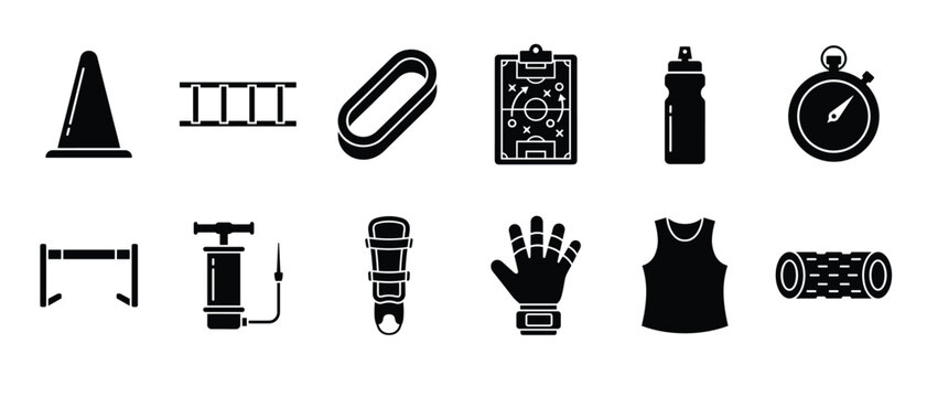 Soccer training equipment editable vector icon set black silhouette cone ladder glove shin guard vest bottle tactics board for sport coaching design
