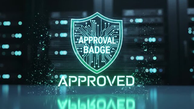 A futuristic shield badge with 'APPROVAL' text glows brightly against a blurred cityscape background, symbolizing security and validation in a digital world.