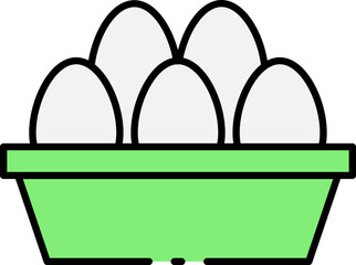 Fototapeta premium Minimalist flat design icon showcasing five white eggs in a green carton, representing breakfast, cooking ingredients, fresh food, or grocery items in a clean vector illustration