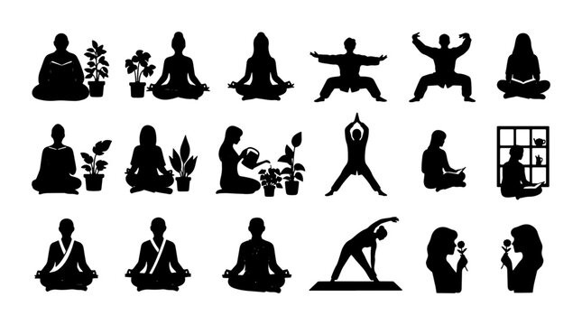 Yoga Poses and Meditation Silhouettes Collection, Diverse Figures in Serene Practice, Wellness and Mindfulness Icons, Vector Set for Health and Balance