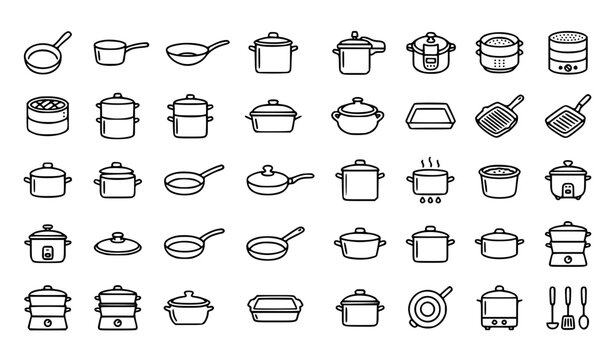 Pot pan steamer 36 line icon set with wok saucepan kitchen equipment and editable stroke vector collection