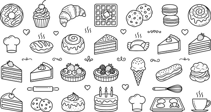 Hand drawn bakery dessert and pastry icon collection featuring cakes donuts cookies ice cream coffee and sweet food outline vectors.