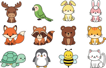 Obraz premium Cute Animal Set with Fox, Bear, Cat, Penguin, and Other Adorable Animals for Kids, Cartoon, and Nature Illustrations