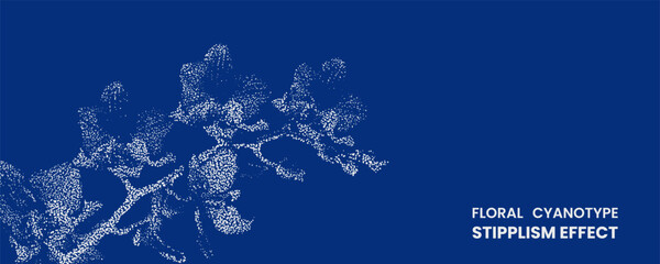 Floral cyanotype stipplism effect with white dotted flower branch on deep blue background, artistic botanical illustration for design © MDMahmudul