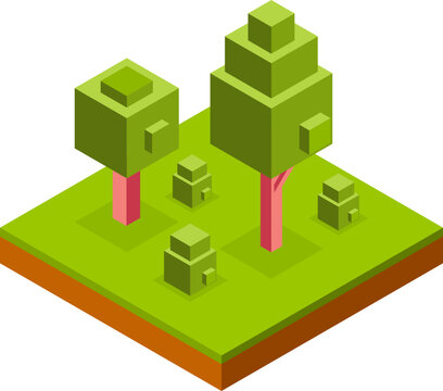 Isometric Pixel Art Forest Landscape with Green Trees and Grass, Digital Illustration