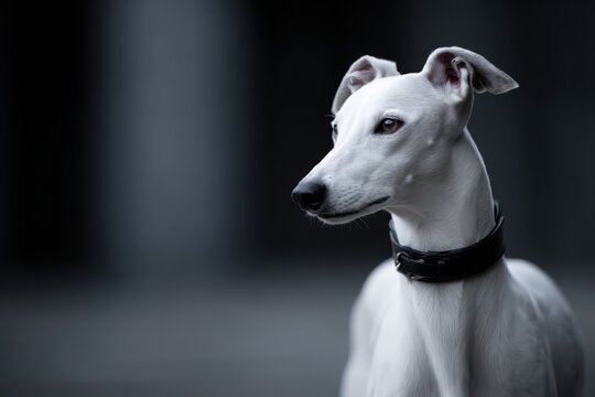 Elegant whippet dog standing portrait with collar, graceful purebred pet photography