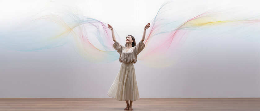 feeling mood vibration openart.ai concept. Woman in a dress stands with arms raised and colorful flowing lines around her on a plain background.