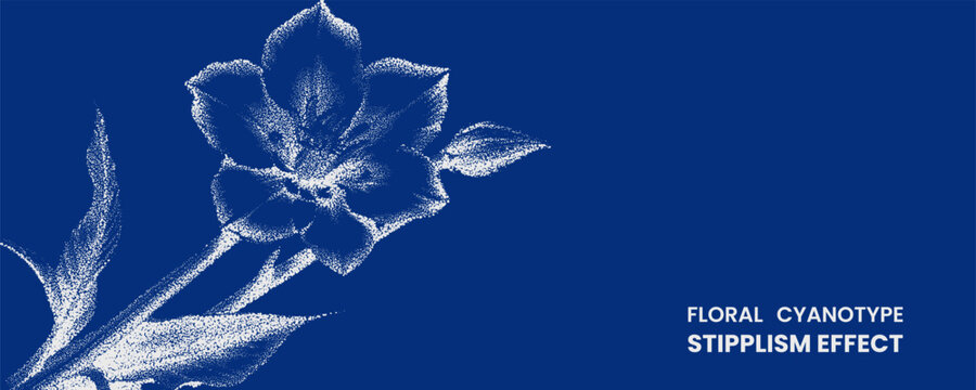 Floral cyanotype stipplism effect illustration botanical art with white stippled dots on a deep blue background, elegant flower drawing for design