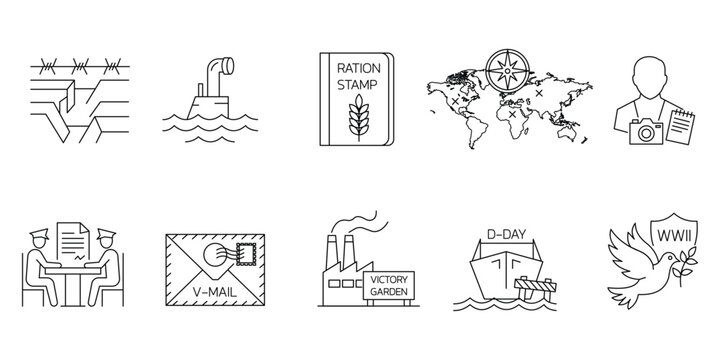 World War II historical icons including trenches submarine ration stamps D-Day and peace symbol.Editable stroke, Vector illustration, Line art Icon, Symbols.