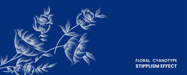 Obraz premium Floral cyanotype stipplism effect with roses and leaves on dark blue background vintage botanical illustration in stipple art style