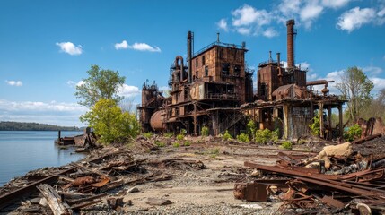 Naklejka premium Ruined industrial complex on the riverbank