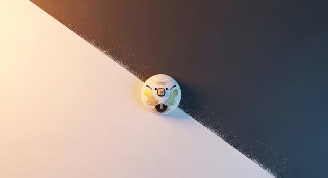 a white ball with a face on a white and black background