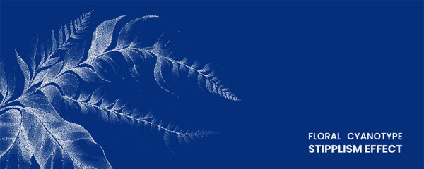 Floral cyanotype stipplism effect, botanical print with white dots on blue background, abstract fern leaves illustration, artistic natureinspired design © MDMahmudul