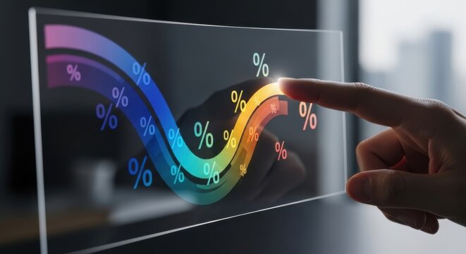 Hand touching interactive percentage graph on transparent screen