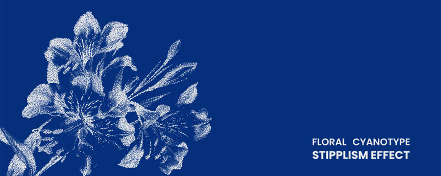 Floral cyanotype stipplism effect with white botanical illustration on deep blue background, artistic dotwork flower design for creative projects