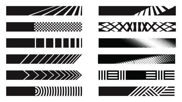 Abstract speed lines and halftone racing stripe border collection for motorsport vector illustration set.